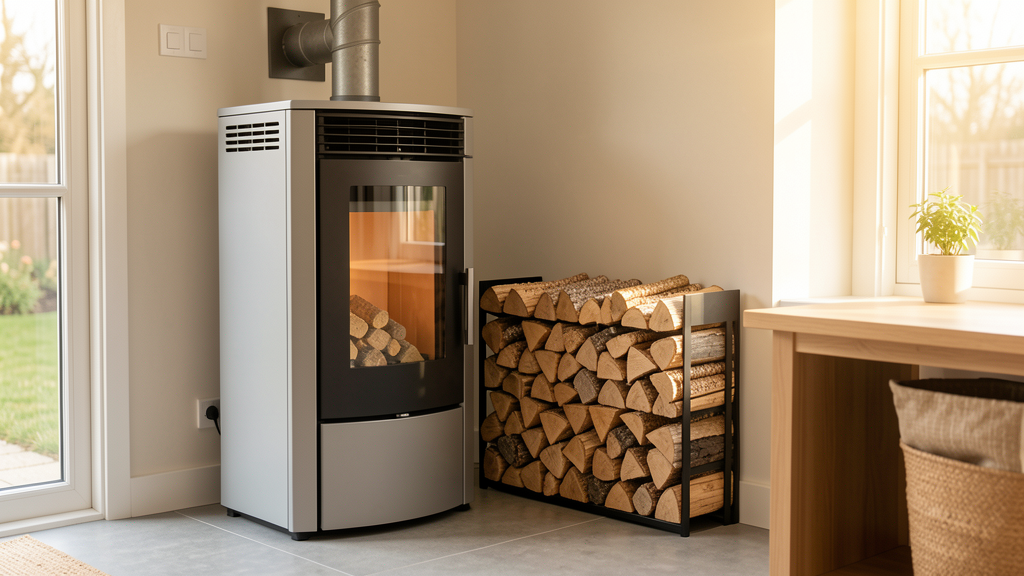 Pellet stove and stored wood pellets used for residential biomass heating.