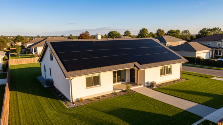 Modern residential rooftop solar power installation on suburban home