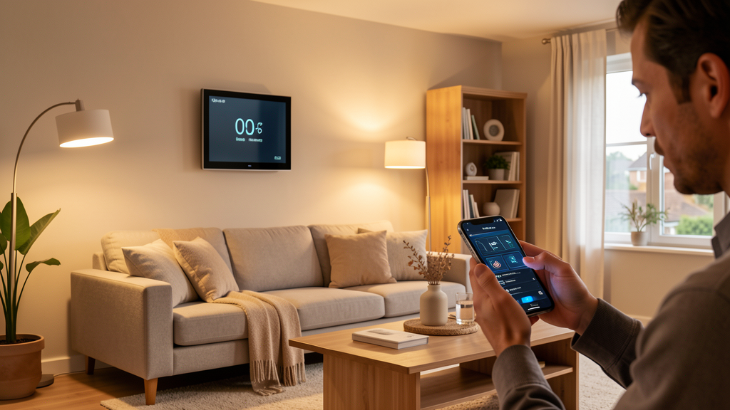 Modern living room with smart home technology including a smart thermostat, automated lighting, and a homeowner controlling systems via smartphone