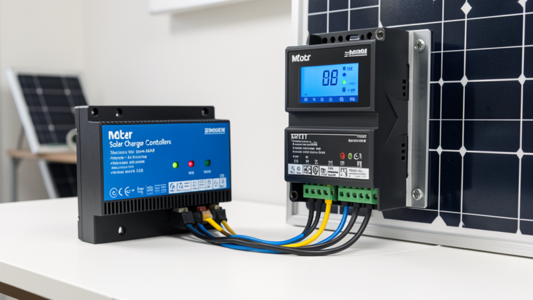 Modern MPPT solar charge controller with digital display connected to solar panel wiring and battery terminals