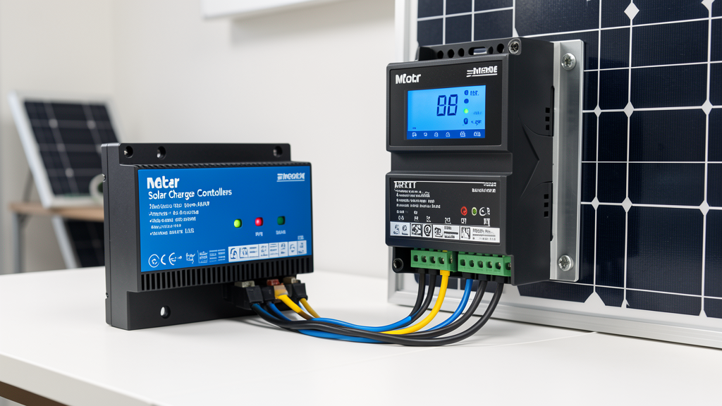 Modern MPPT solar charge controller with digital display connected to solar panel wiring and battery terminals
