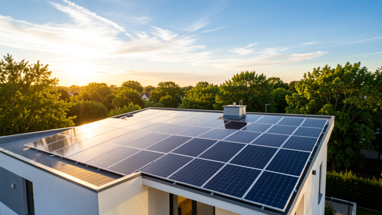 Modern residential solar panel installation on rooftop with blue sky