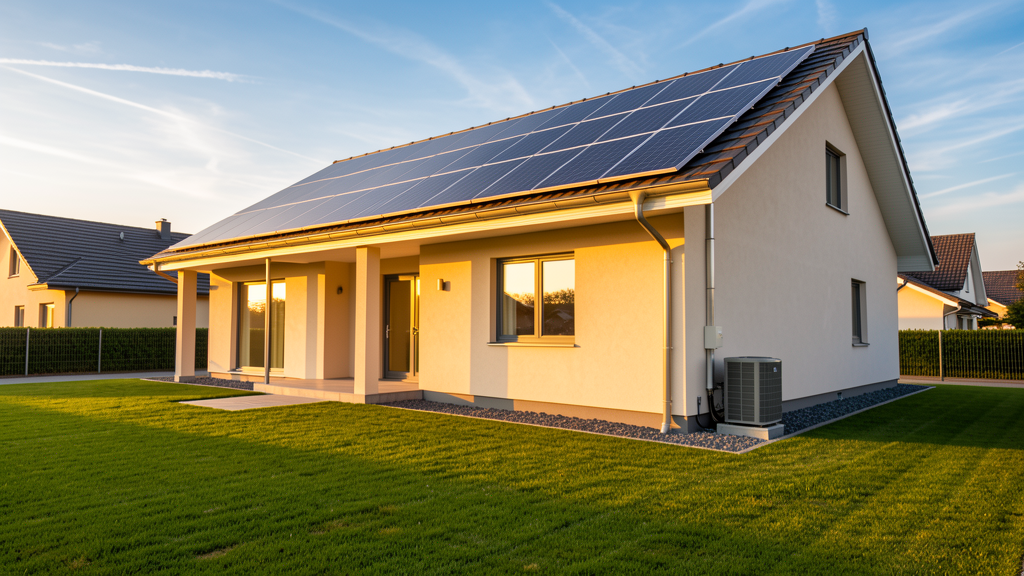 Solar panels installed on a residential roof alongside a geothermal heat pump unit, showing how both renewable energy systems can work together on the same home