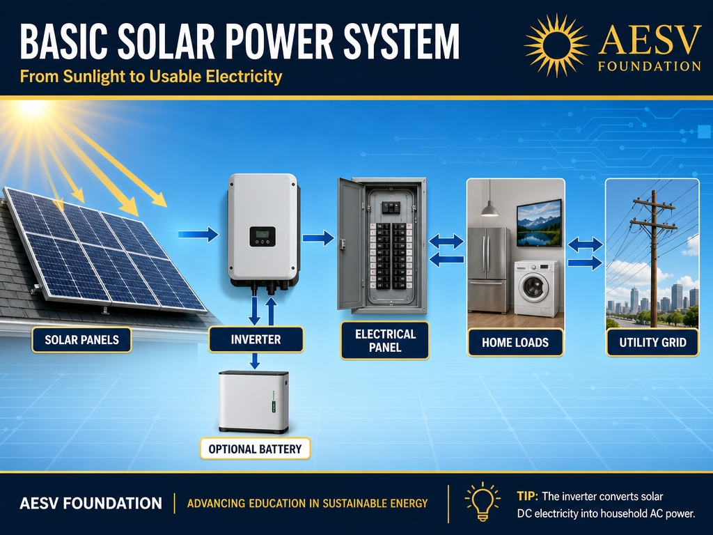 Basic solar power system diagram showing energy flow from solar panels through charge controller, battery bank, inverter, and panel box to household outlet