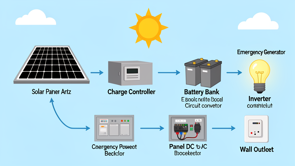 Basic solar power system diagram showing energy flow from solar panels through charge controller, battery bank, inverter, and panel box to household outlet