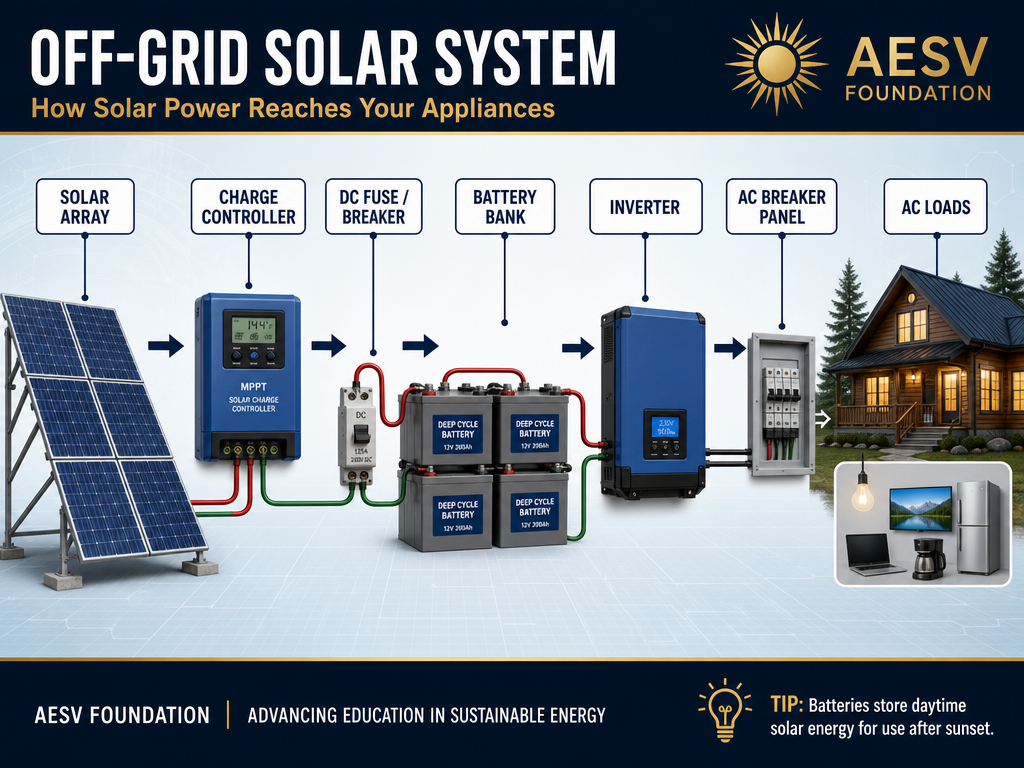 200 watt off-grid solar system wiring diagram showing panels, charge controller, battery bank, inverter, and fuse block with wire gauges