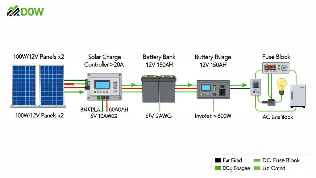 200 watt off-grid solar system wiring diagram showing panels, charge controller, battery bank, inverter, and fuse block with wire gauges