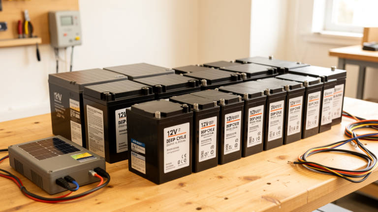 Lead acid solar batteries arranged with solar panels for off-grid energy storage