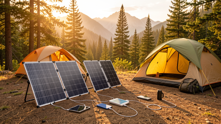 Portable solar panels set up at a campsite for hiking and camping power