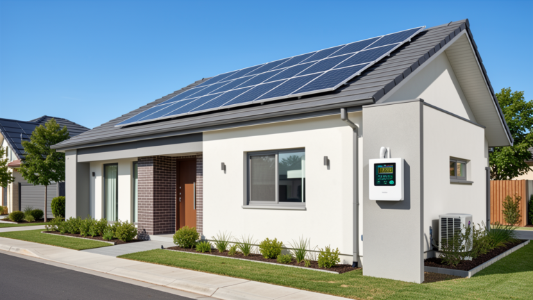 Suburban home with rooftop solar panels and smart meter showing energy export to the grid