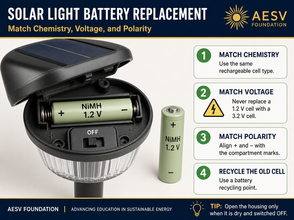 Solar light battery replacement diagram showing how to match chemistry, voltage, and polarity
