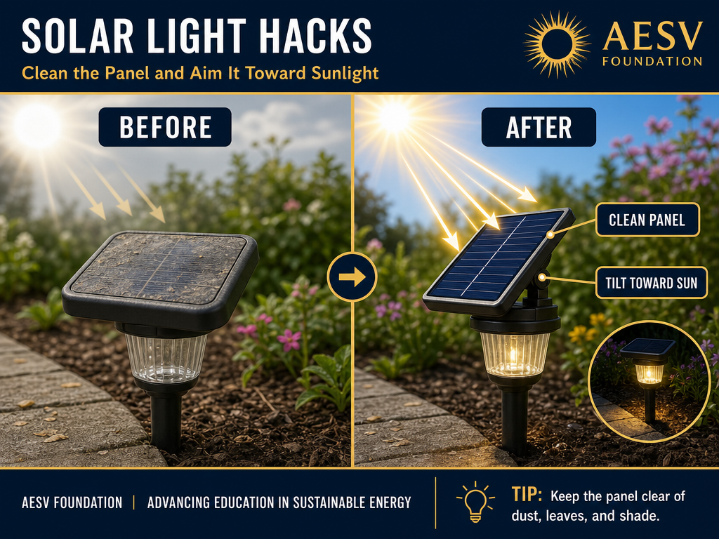 Before-and-after solar panel hack illustration showing a cleaned panel and a corrected sun-facing angle for better charging.