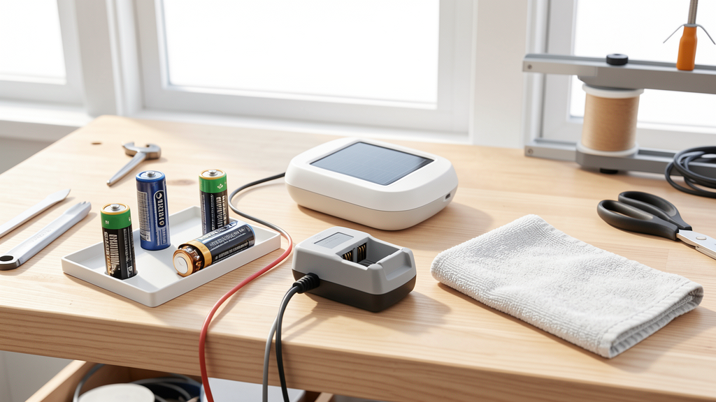Solar light hack illustration showing replacement batteries, a pre-charge setup, a battery tester, and a workbench layout.