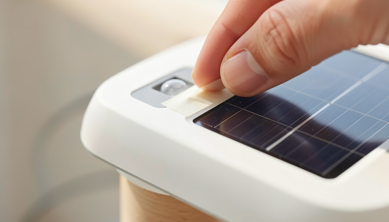 Solar light troubleshooting illustration showing a hand covering the sensor for an indoor test so the LED turns on during the day.