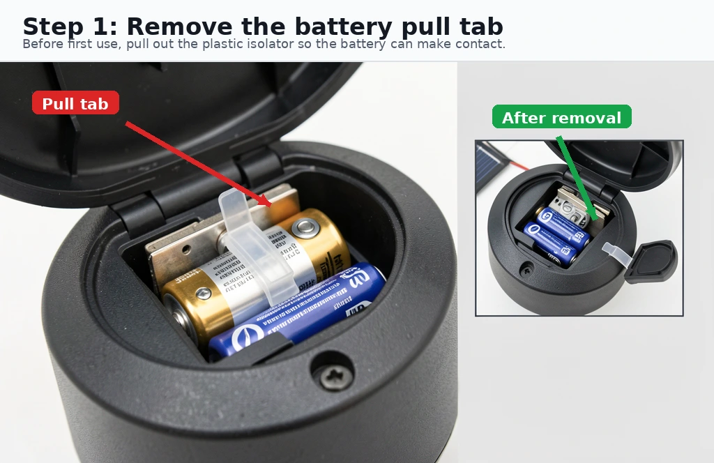 Close-up of a solar light battery compartment showing the plastic battery isolator pull tab that must be removed before first use.