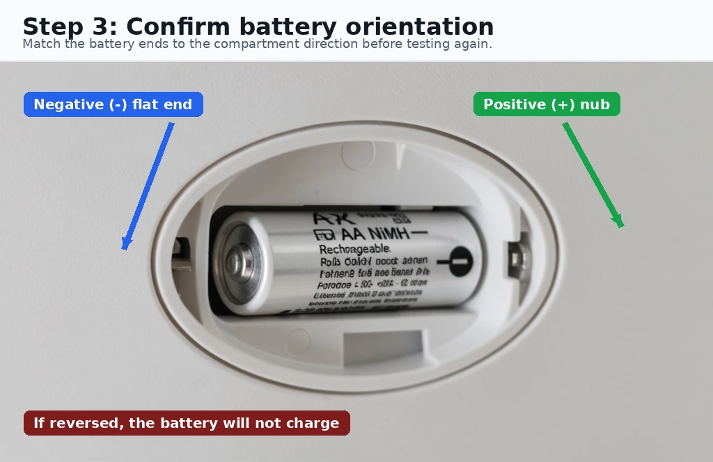 Solar light battery compartment showing the correct battery orientation with positive and negative callouts.