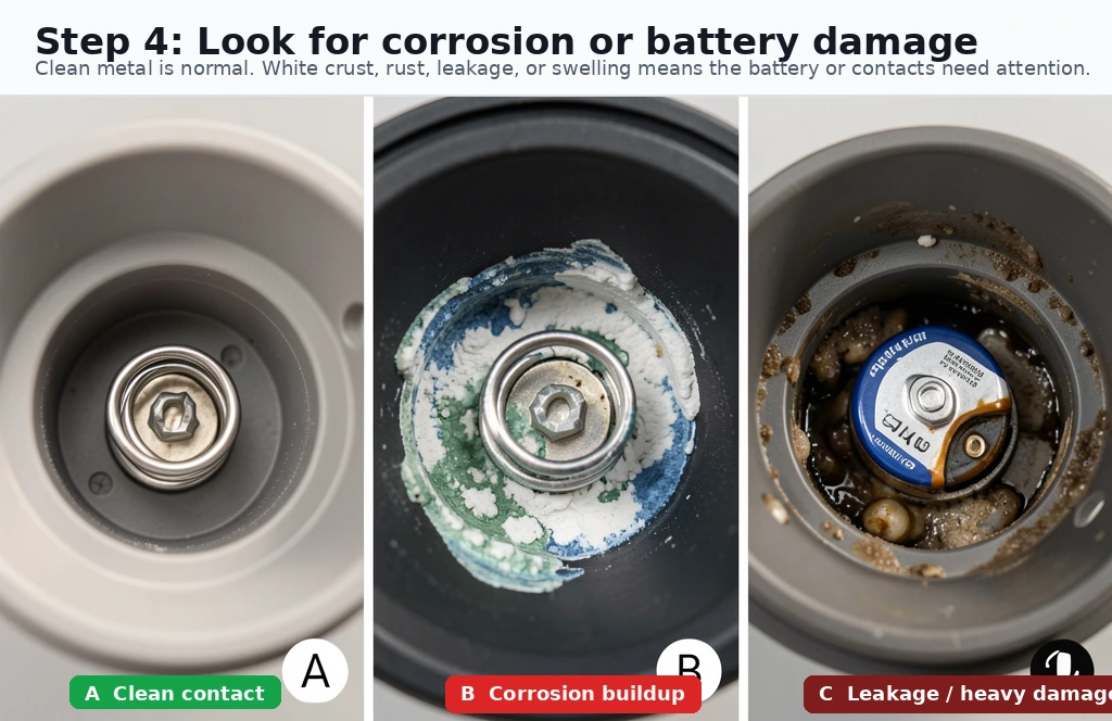 Three-panel comparison showing a clean solar light contact, corroded contact buildup, and severe leakage or battery damage.