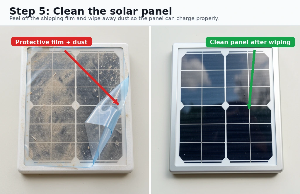 Before-and-after solar panel image showing protective film and dust on one side and a clean panel after wiping on the other.