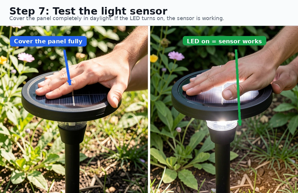 Two-panel daylight test showing a hand covering a solar light panel and the LED turning on when the sensor is triggered.