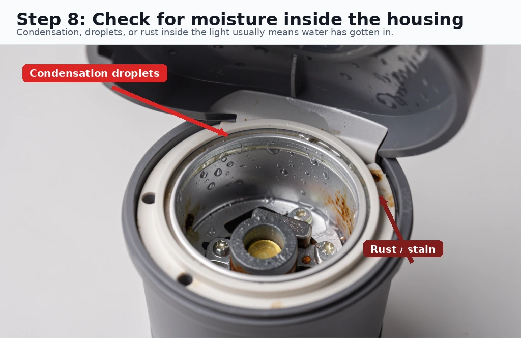 Open solar light housing with condensation droplets and rust stains inside, indicating water damage.
