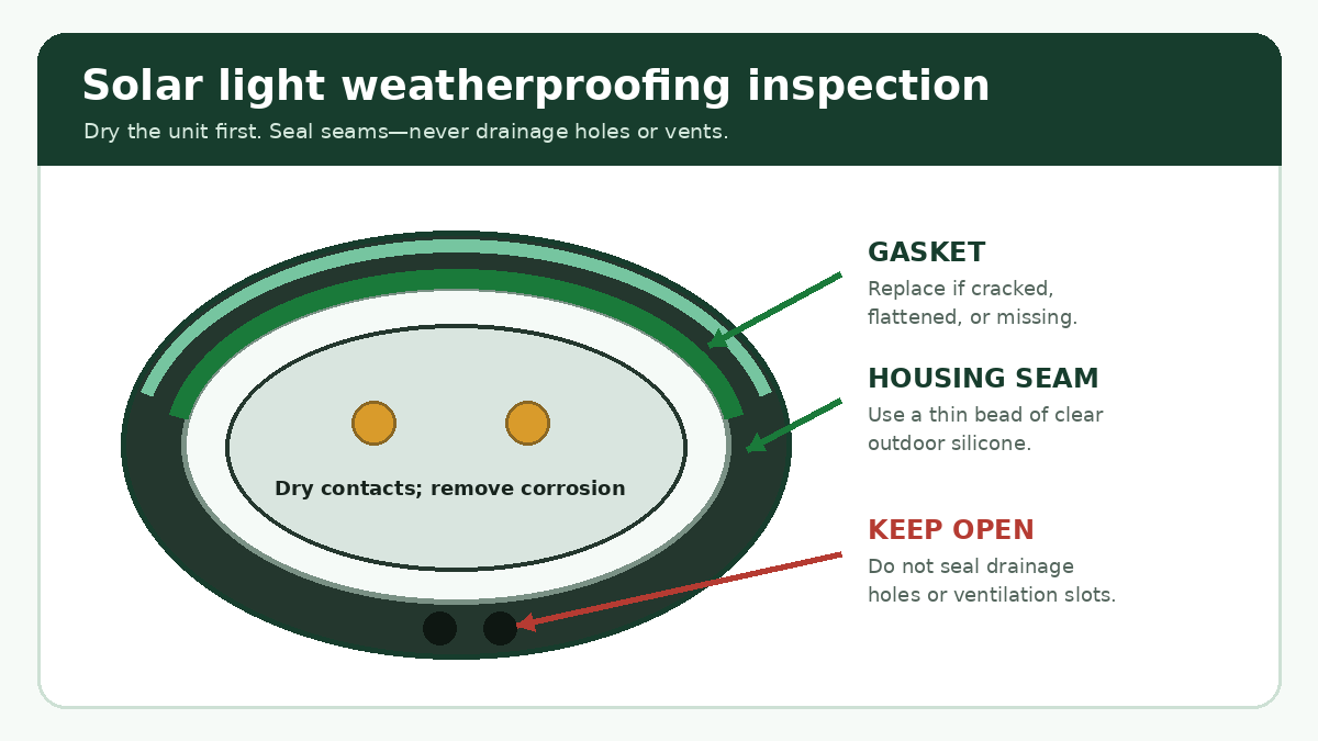 Solar light weatherproofing inspection diagram showing gasket, housing seam, contacts, and drainage holes
