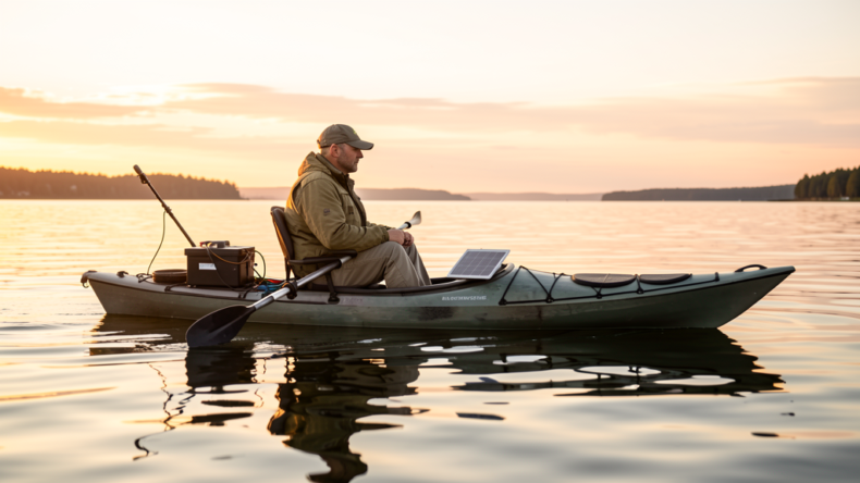 Kayak fisherman on calm water at sunrise with solar panel on deck charging trolling motor battery