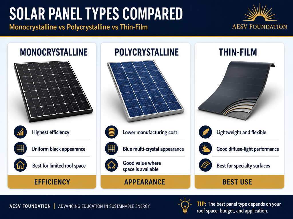Side by side comparison of monocrystalline, polycrystalline, and thin-film solar panels showing visual differences
