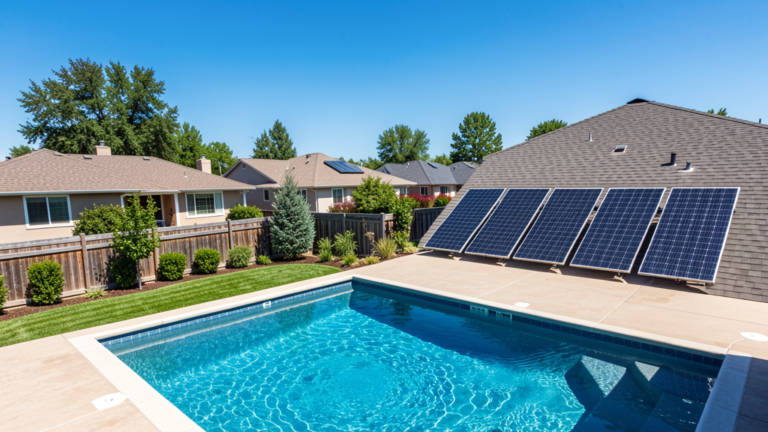 Solar pool heater panels installed on rooftop for inground pool heating