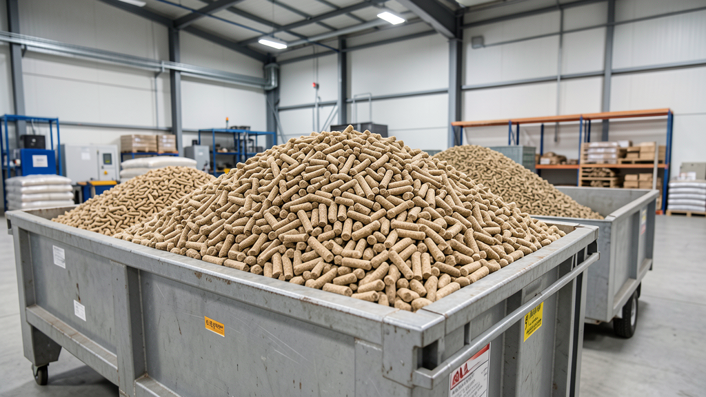 Bulk wood pellets stored for a residential or commercial biomass heating system.