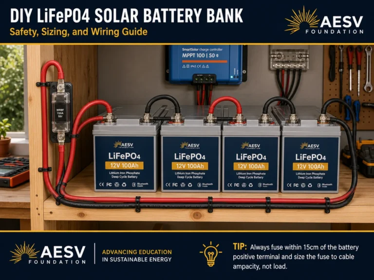 DIY LiFePO4 solar battery bank with lithium batteries, protected cabling, fuse, and charge controller in a workshop.
