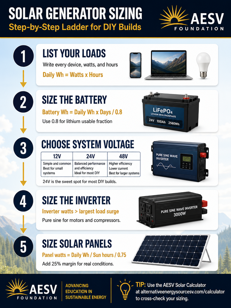 DIY portable solar generator sizing ladder from load list and daily watt-hours through battery capacity, inverter headroom, and solar array wattage.