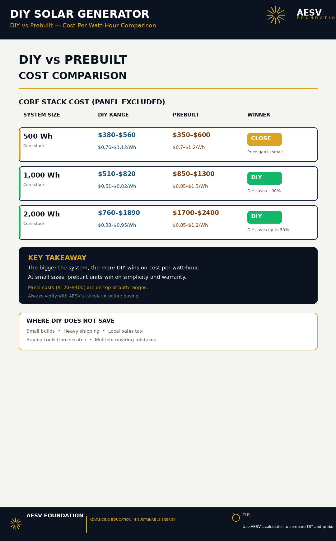 DIY versus prebuilt solar generator cost comparison for 500, 1000, and 2000 watt-hour systems