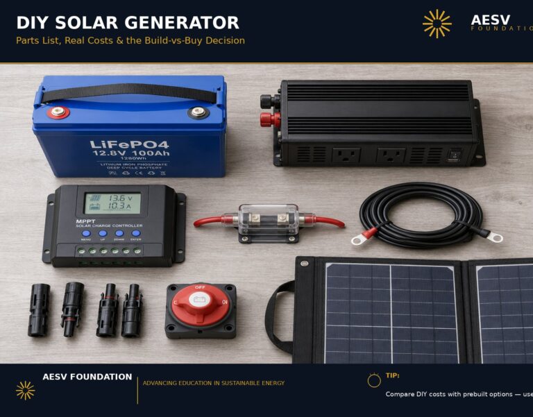 DIY solar generator components arranged together, including a LiFePO4 battery, inverter, MPPT controller, fused wiring, and solar panel