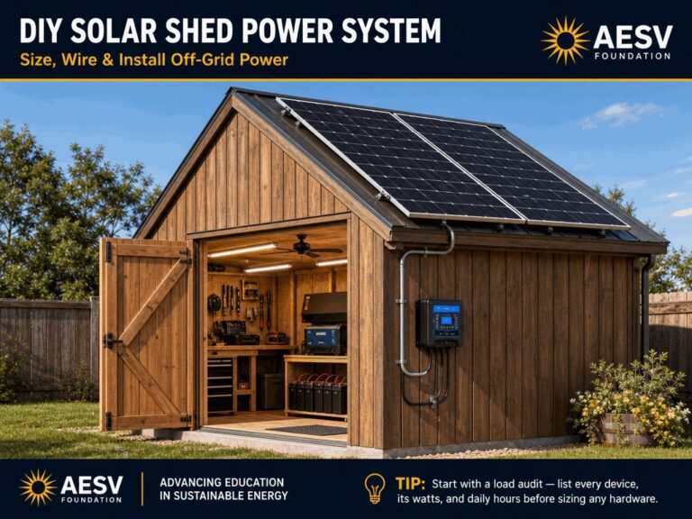 Wooden workshop shed with rooftop solar panels, illuminated workbench, charge controller, inverter, and battery bank