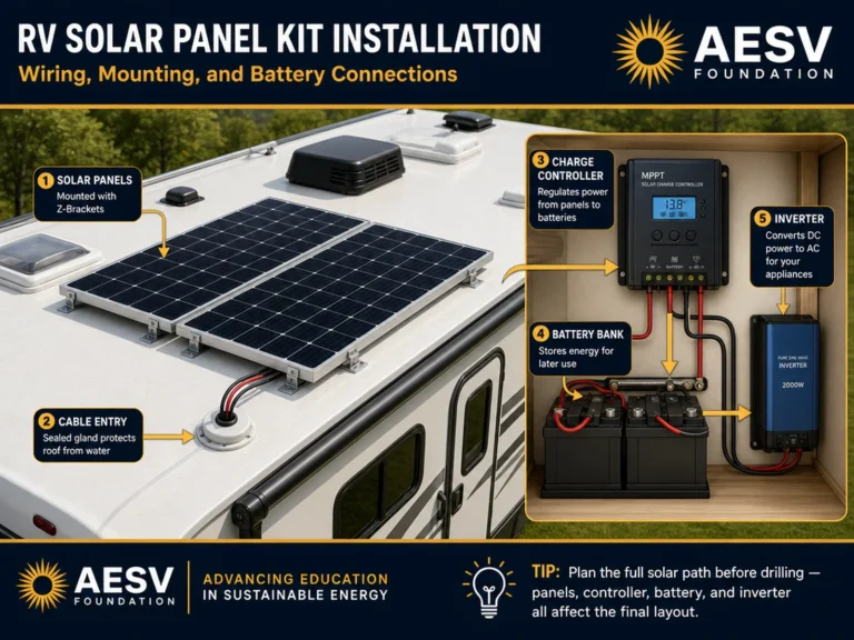 Illustration of an RV roof solar layout showing panels, cable entry, charge controller, battery bank, and inverter.