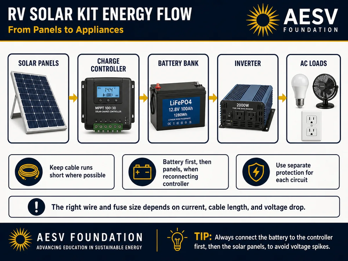 Infographic showing RV solar power flowing from panels to charge controller to battery bank to inverter and AC loads.