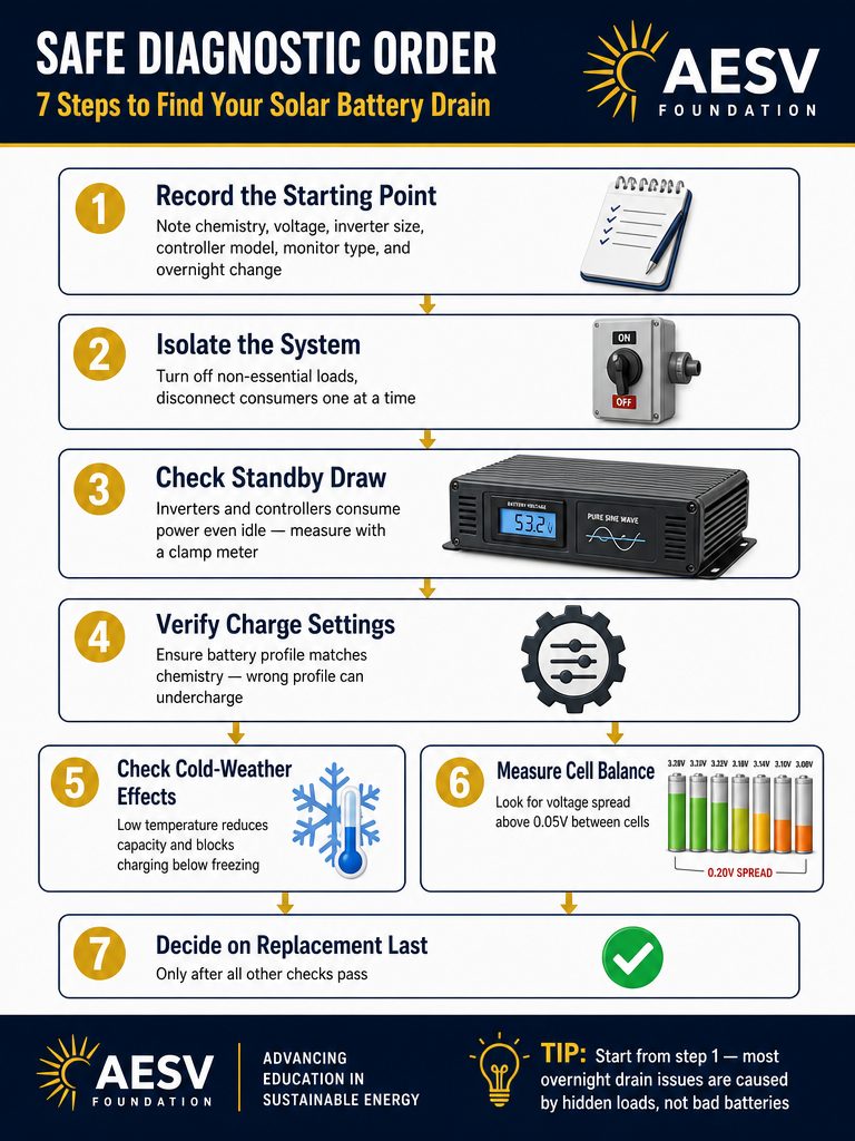 Seven-step solar battery drain diagnostic sequence with battery, inverter, charge controller, temperature, and cell balance checks