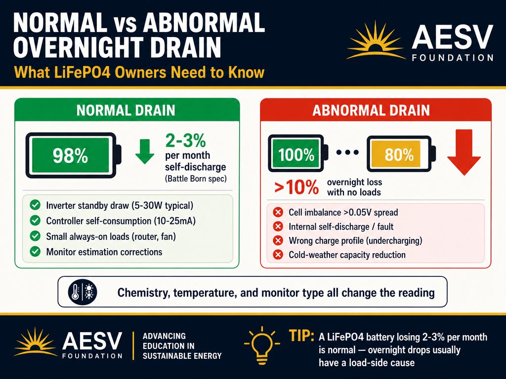 Normal versus abnormal LiFePO4 overnight battery drain comparison with standby load and cell imbalance clues