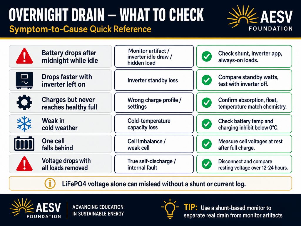 Solar battery overnight symptoms matched to likely causes and first diagnostic checks