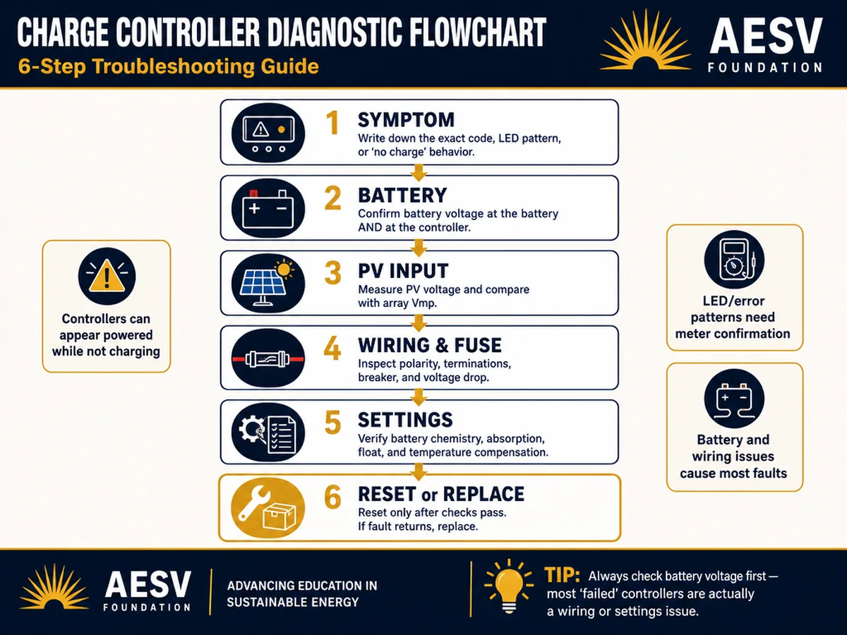 Six-step solar charge controller diagnostic flowchart covering symptoms, battery, PV, wiring and fuse, settings, and reset or replacement.