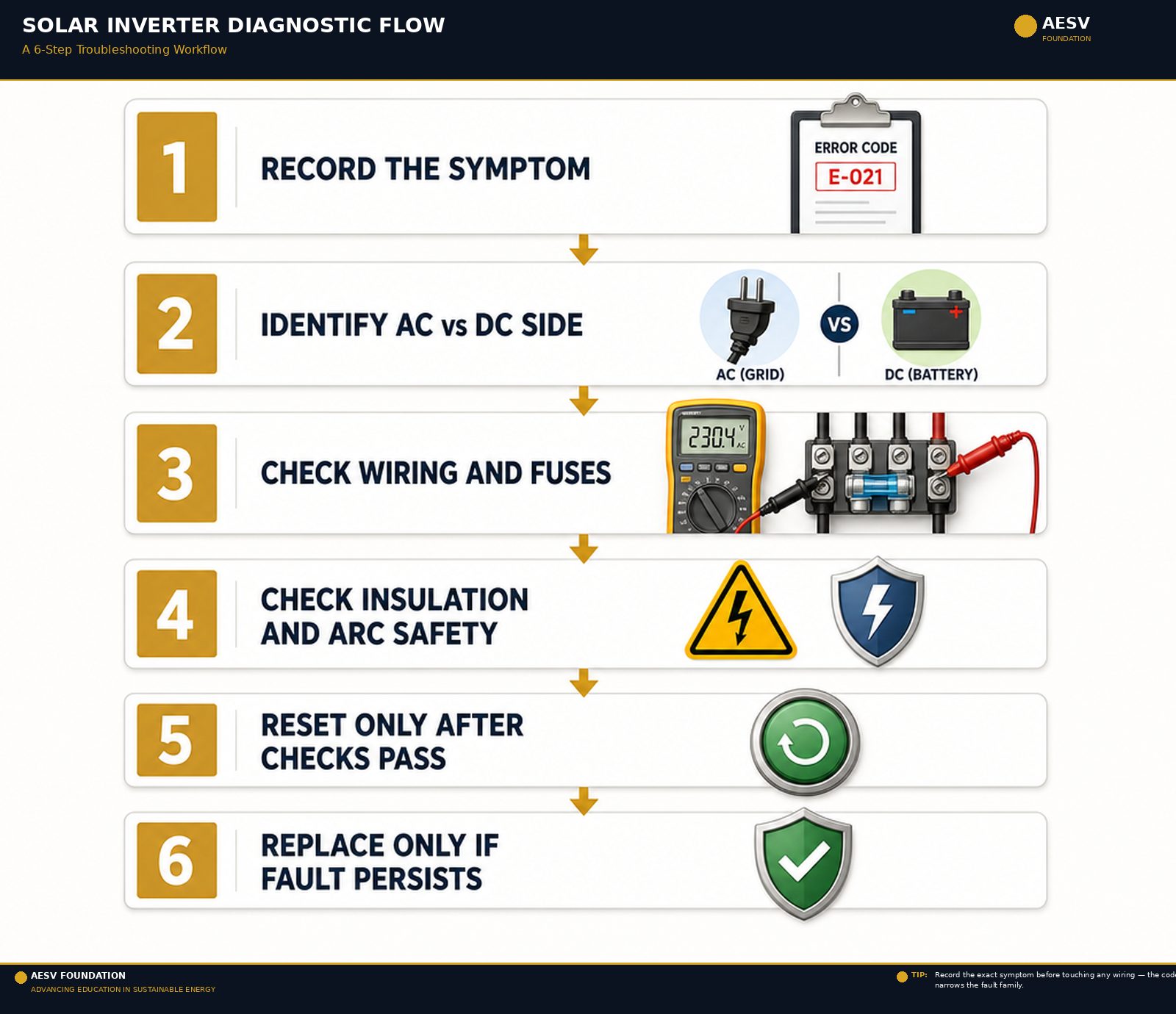 Six-step solar inverter diagnostic flow from recording the error code through safe wiring checks, reset verification, and replacement decision.