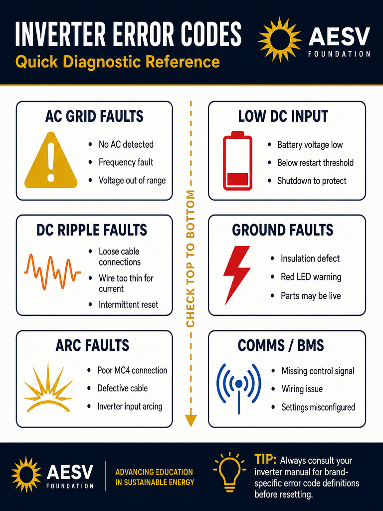 Quick-reference graphic grouping solar inverter errors into AC grid, low DC input, DC ripple, ground fault, arc fault, and communication or BMS faults.