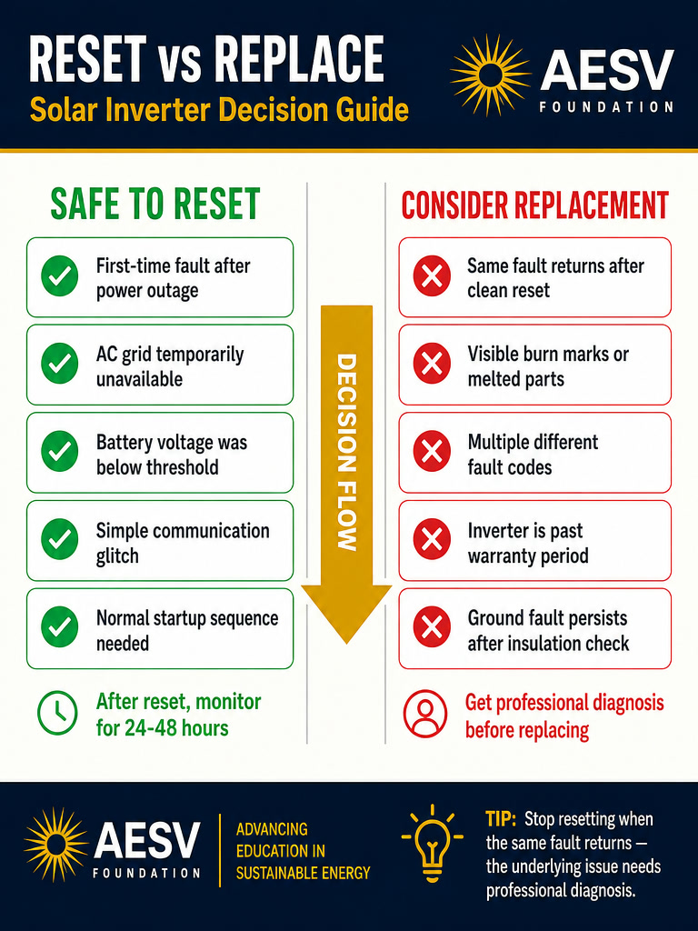 Decision graphic comparing when to reset a solar inverter and when recurring faults justify replacement.