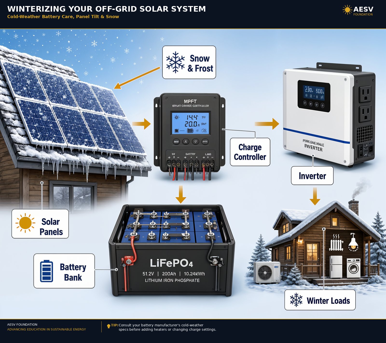 Labeled winter off-grid solar system showing solar panels, snow and frost, battery bank, charge controller, inverter, and winter loads