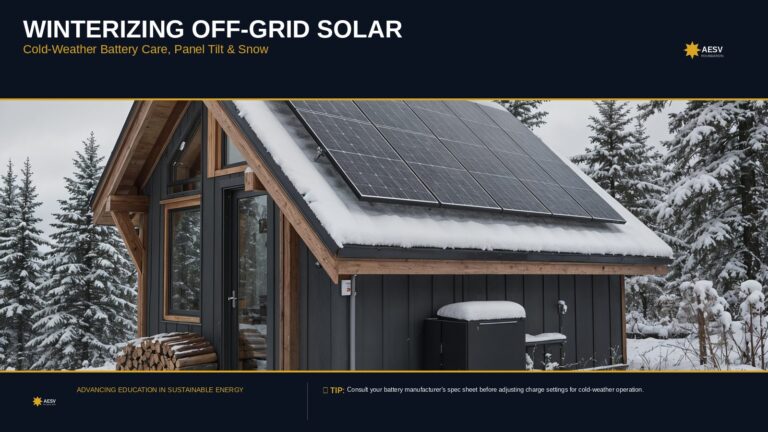 Snow-covered off-grid cabin with roof-mounted solar panels prepared for winter