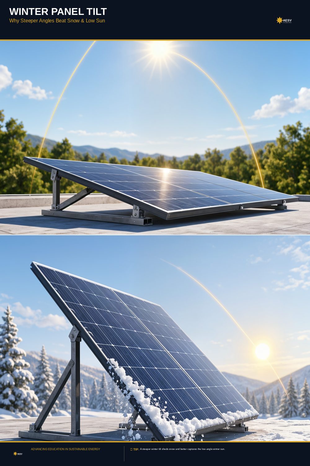 Two-panel comparison showing a steeper winter solar-panel tilt for low sun and snow shedding