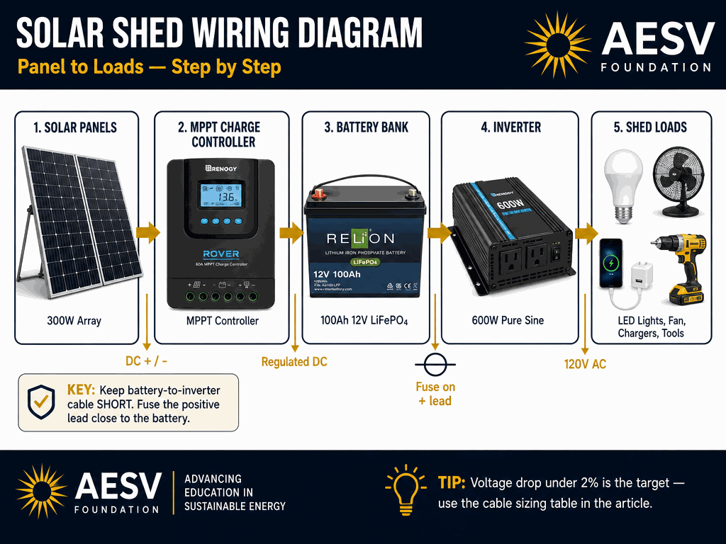 Labeled solar shed wiring flow from panels through an MPPT controller and 12-volt LiFePO4 battery to a fused inverter and shed loads