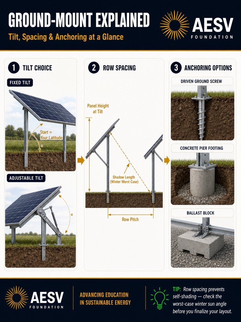 Three-panel infographic showing fixed versus adjustable tilt, winter row-spacing geometry with shadow length and row pitch, and ground-screw, concrete-pier, and ballast anchoring options.