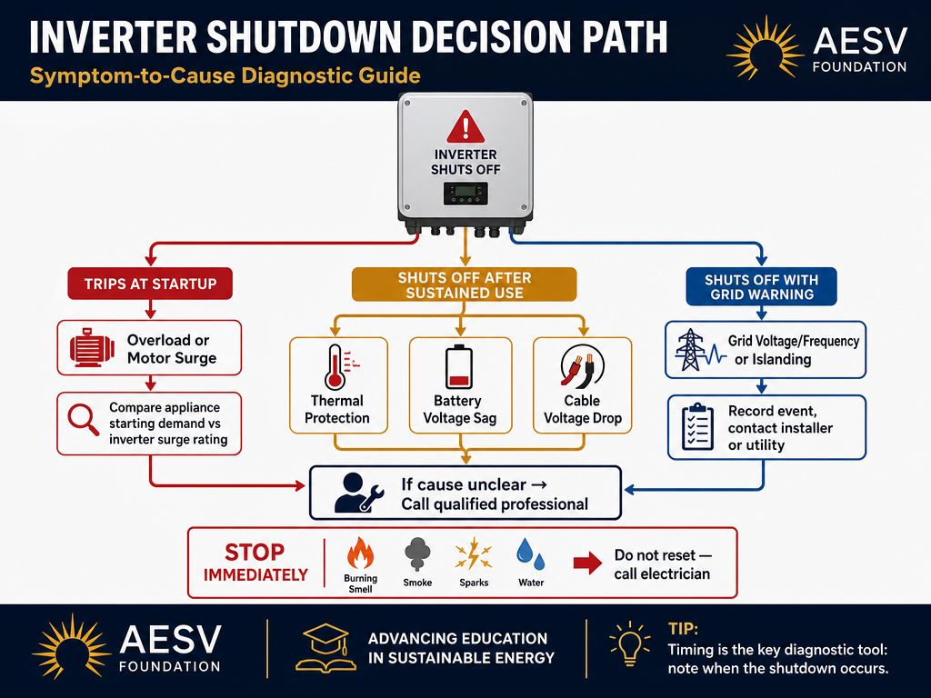 Decision path for diagnosing a solar inverter that trips or shuts off