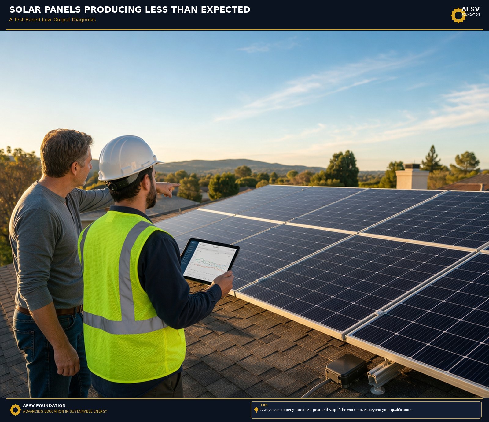 Homeowner and solar technician reviewing monitoring data beside a rooftop solar array while diagnosing low power output